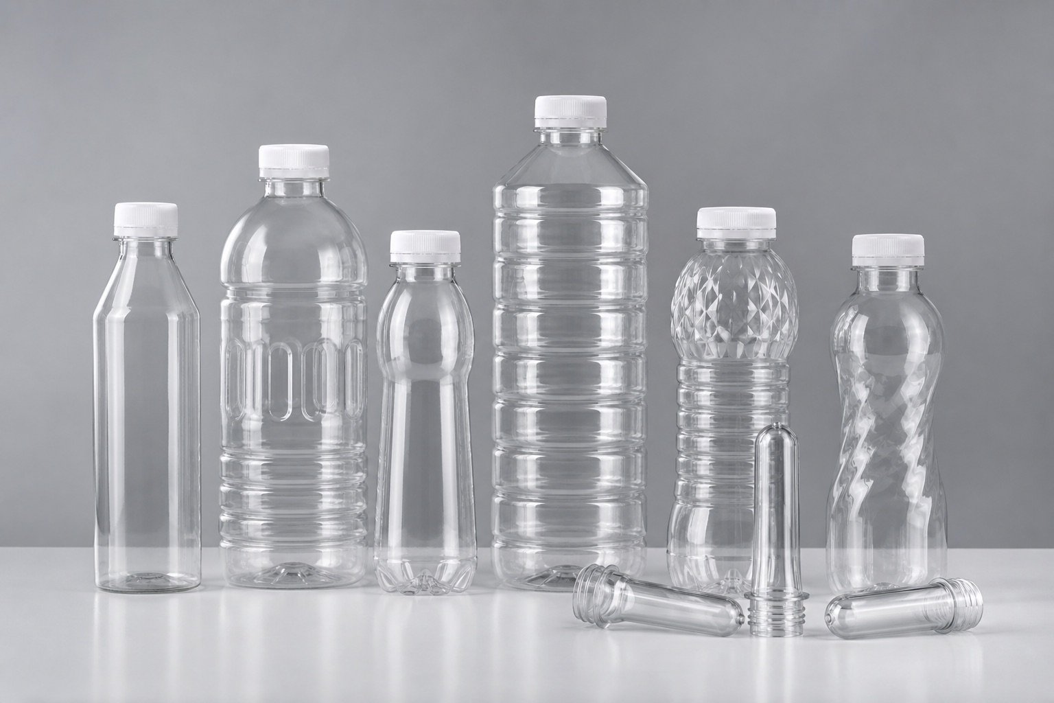 AI generated custom clear PET bottles with white caps and PET preforms