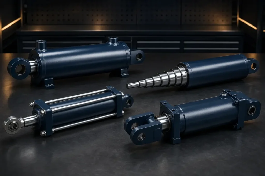 Illustrative welded, telescopic, tie rod and heavy duty hydraulic cylinders